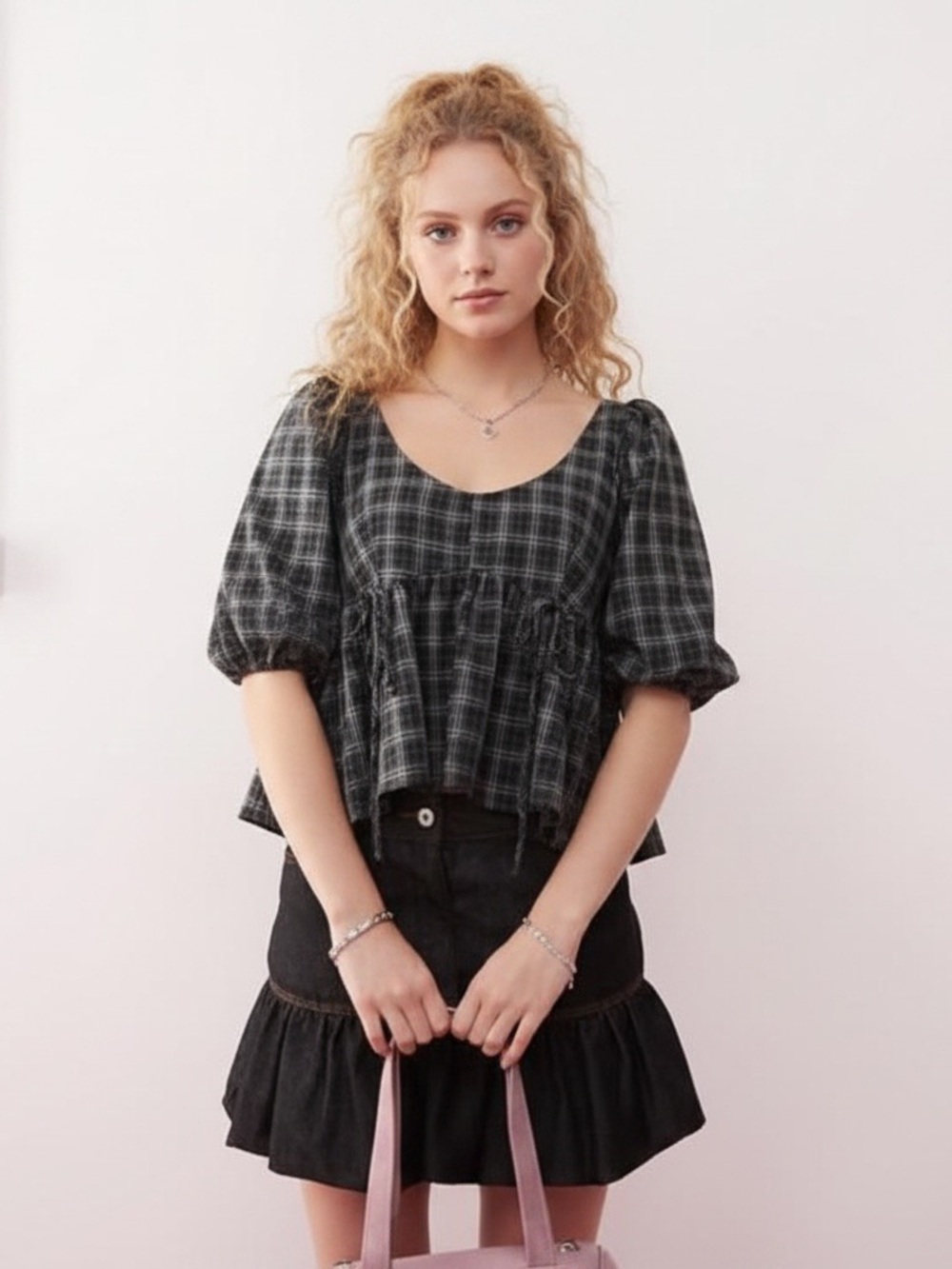 COLLUSION Puff Sleeve Smock Top With Bunny
Tie Detail In Gray Plaid